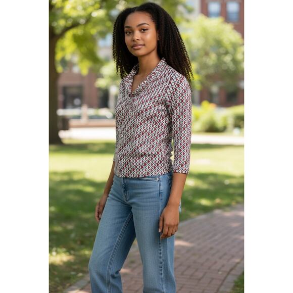 J. McLaughlin Durham Ruffle Top Size XS Geometric Diamond Print 3/4 Sleeve - Picture 13 of 13